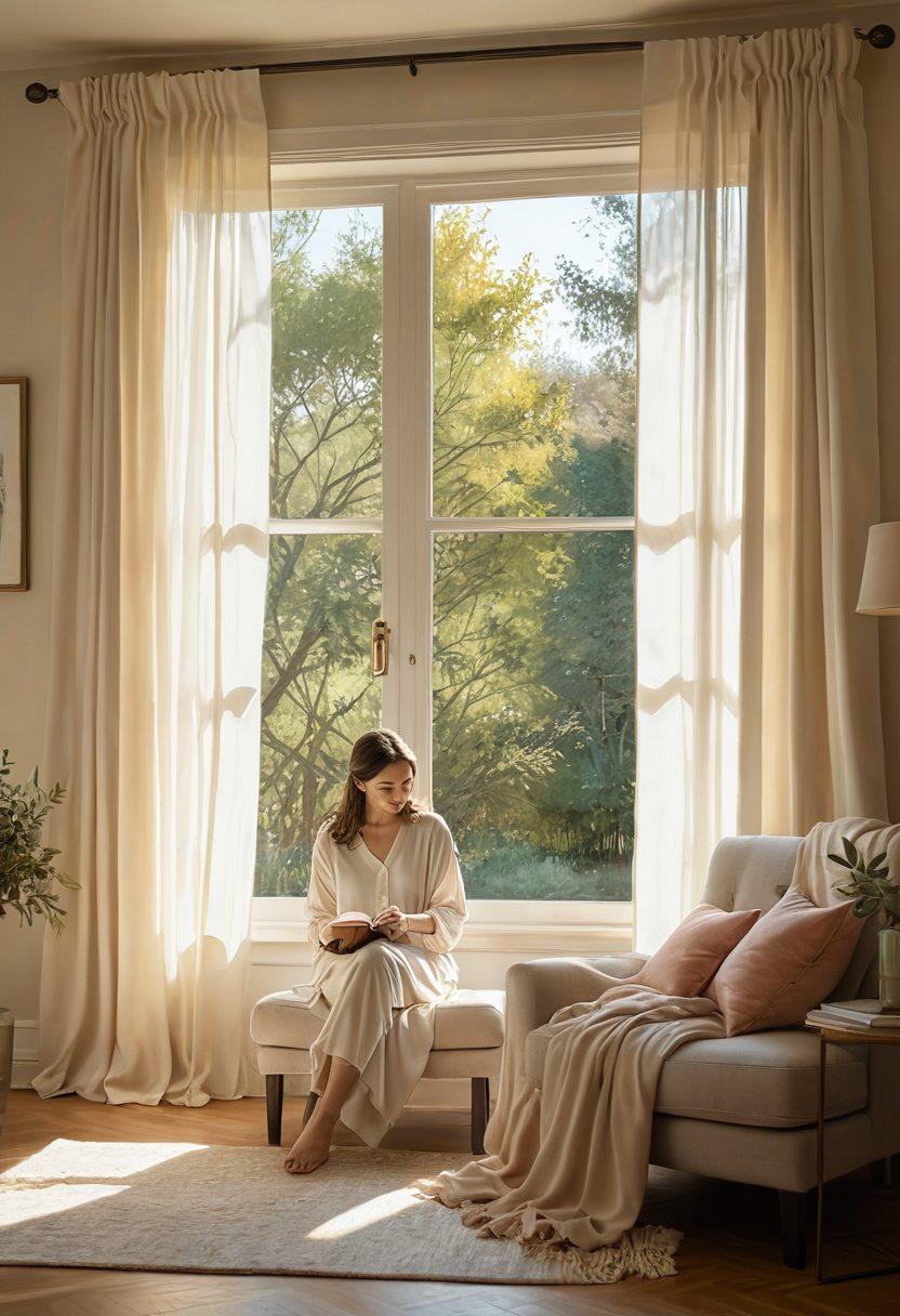 A serene and cozy scene depicting a person sitting peacefully in a sunlit room, surrounded by soft, muted colors, a steaming cup of tea, and a journal with a pen. In the background, a gentle breeze flows through sheer curtains, creating a feeling of tranquility and discretion. The character wears a calm expression, embodying joy and contentment in solitude. A few inspirational quotes float softly around the room, enhancing the theme of confidentiality and cheerful living. soft painting. warm tones. tranquil atmosphere.
