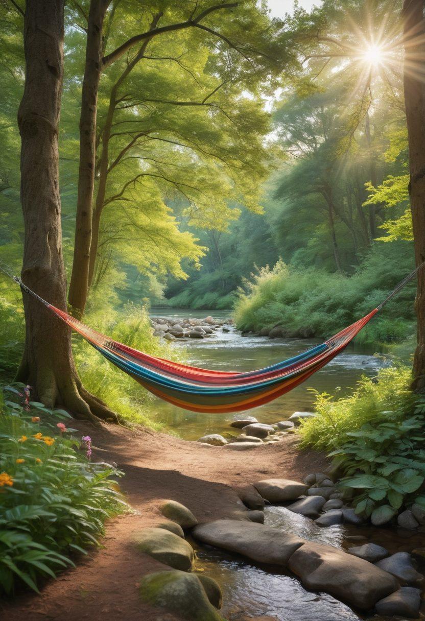 A serene and tranquil landscape featuring a secluded forest glade, bathed in soft sunlight filtering through the trees. In the center, a cozy, inviting hammock sways gently between two trees, surrounded by colorful wildflowers and lush green foliage. A small stream flows nearby, adding to the peaceful ambiance. The scene evokes a sense of inner peace and solitude. super-realistic. vibrant colors. soft focus.